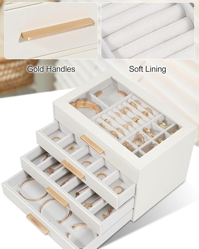 GUOER Jewelry Box for Women 4 Layers, Glass Lid Jewelry Organizer with 4 Drawers Cloud White PU Jewelry Storage Case for Necklaces Rings Earrings Bracelets Mother's Day - Image 6