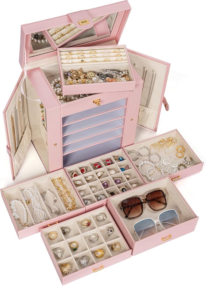 AKOZLIN 6-Tier Jewelry Box Organizer Functional 5 Drawers Leather Jewelry Storage Case for Women Girls Ring Necklace Earring Bracelet Holder Organizer with Mirror Light Pink Large - Image 7