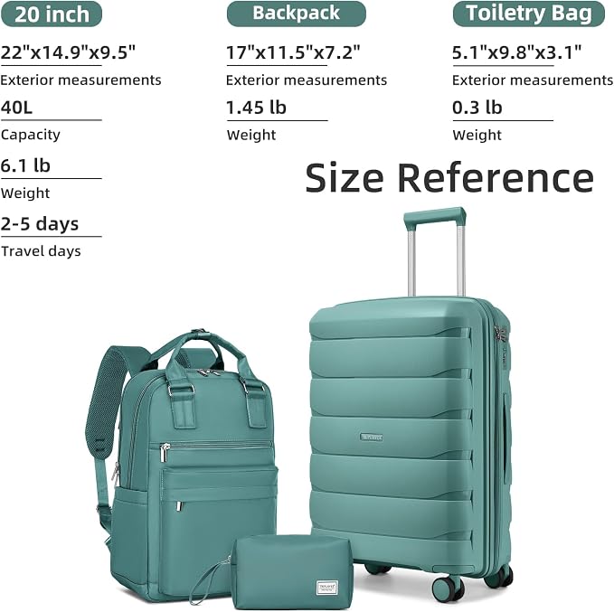 Carry On Luggage 22x14x9 Airline Approved, 22 Inch PP Hardshell Luggage Carry-on Suitcase with Spinner Wheels, Carry On Suitcase Set for Women (Misty Blue) - Image 6