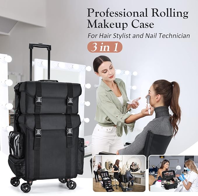 Stagiant Professional Rolling Makeup Case Soft Sided Cosmetology Organizer Wheeled Nylon Train Case Portable Travel Supply Station for Makeup Artist Nail Technician Hair Stylist Crafters - Image 7