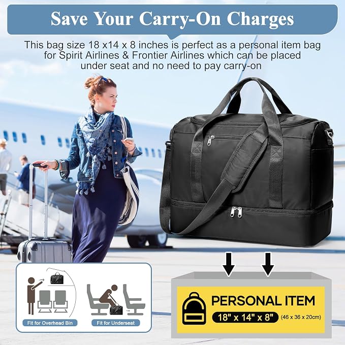 Travel Duffel Bag,Carry-On Overnight Weekender Bags with Shoes Compartment | Travel Bag with Wet Pocket & Luggage Sleeve, For Spirit Airlines 18x14x8 Personal Item Bag,Small,Black - Image 9