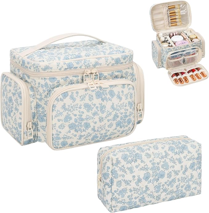 Makeup Bag Set, Travel Makeup Bag Organizer for Women Cute Floral Cosmetic Pouch Large Capacity with Makeup Brush Compartment, Cosmetic Travel Bag with Divider and Handle Toiletry Bag - Floral - Image 9
