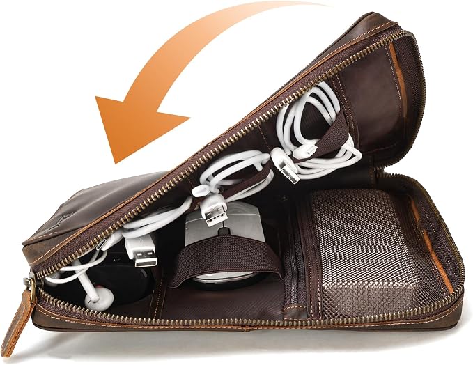 Polare Full Grain Leather Travel Cable Organizer Case Electronics Accessories Carry Bag with YKK Zippers Tech Storage Bag for Cables, Power Bank, USB, SD Card, Travel Essentials - Image 9