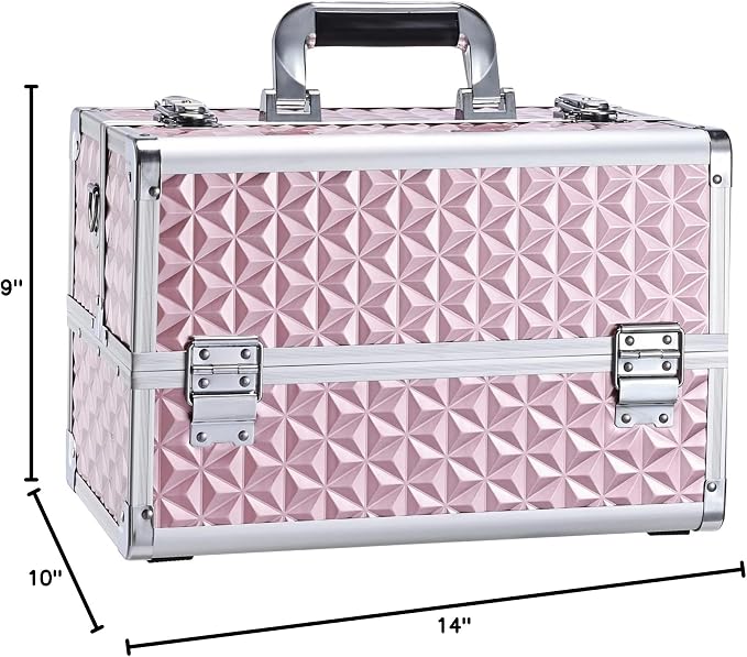 Joligrace Makeup Train Case Professional Cosmetic Organizer Aluminum Storage Box with 4 Adjustable Dividers Trays Lockable Portable with Shoulder Strap - Image 8