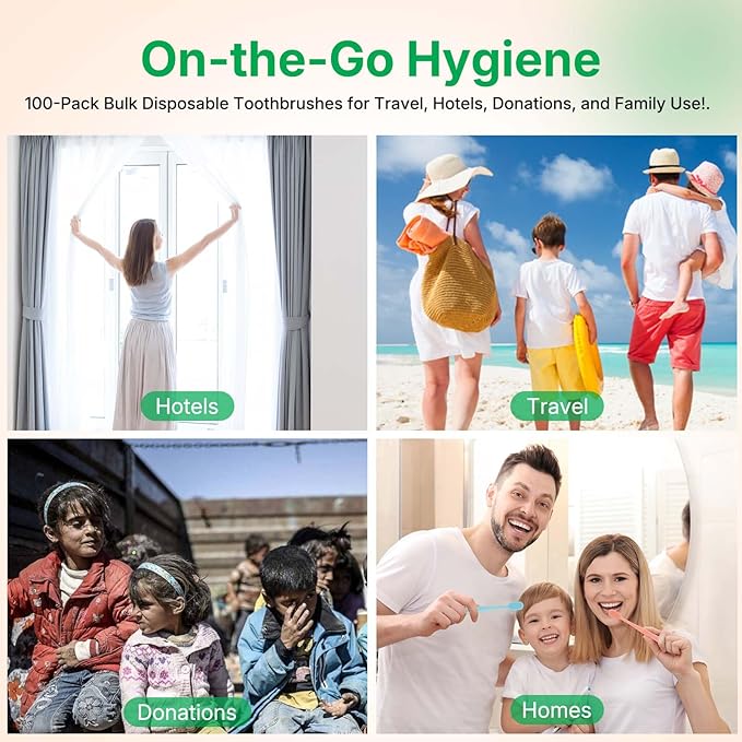 100 Pack Premium Disposable Toothbrushes Bulk – Individually Wrapped Soft Bristle Toothbrushes for Travel, Hotel Guest, Donation, Kids, Adults – Single Use, Family & Emergency Hygiene