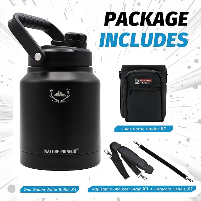 NATURE PIONEOR 84 oz Insulated Water Bottle Jug with Carrier Bag | 18/8 Food-grade Stainless Steel, Double Vacuum Insulation, Wide-Mouth, Straw & Spout Lid, Strap, Camping, Hiking, Gym, Work - Image 8