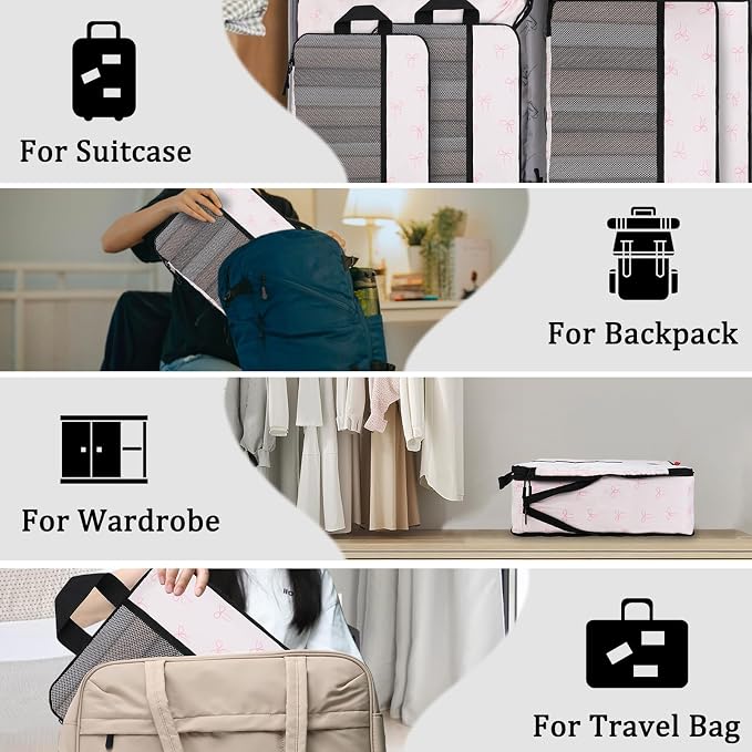 U+U 6 Set Compression Packing Cubes - Ultralight Travel Organizers with Laundry Bag, Space-Saving Suitcase Organizer, Expandable Packing Cubes for Travel, Business Trip and Family Vacation (Pink Bow) - Image 7