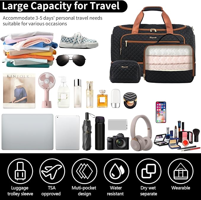 Wogarl 3PCS Weekender Bags for Women Large Overnight Bag Weekend Travel Duffel Bag Carry on Shoulder with Shoe Compartment Canvas Toiletry Bag for Travel Business Gym,Black - Image 6