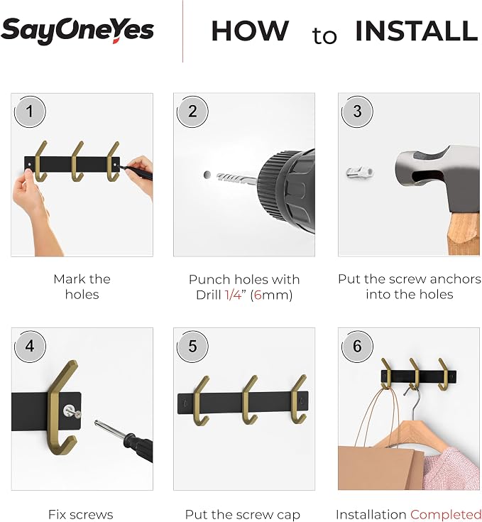 Small Coat Rack Wall Mount – Black and Gold Hook Rail with 3 Double Coat Hooks, 9 Inch Stainless Steel Wall Hooks for Entryway, Bathroom, Bedroom, Closet, Towel, Hat, Bag, Heavy Duty Organizer - Image 7