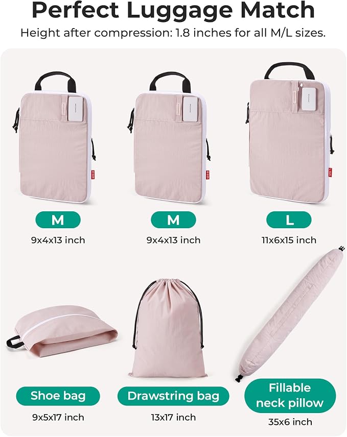 BAGSMART 6 Set Packing Cubes for Travel with Budget Airline Neck Pillow | Compression organizer bags, travel essentials for budget airline carry-ons, luggage, suitcases, closets, premium taslan - Image 7