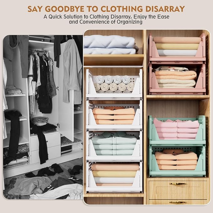 SNSLXH 8 Pack Stackable Closet Storage Bins, Multifunctional & Foldable Closet Organizers and Storage for Bathroom Kitchen Laundry Room Drawer Shelf Storage, Space-Saving Wardrobe Organizer, White - Image 8