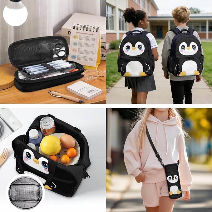 Penguin Print Backpack for Kids 4 Pieces School Backpack with Insulated Lunch Bag with Pencil Case Water Bottle Carrier for 4-6 Years - Image 7
