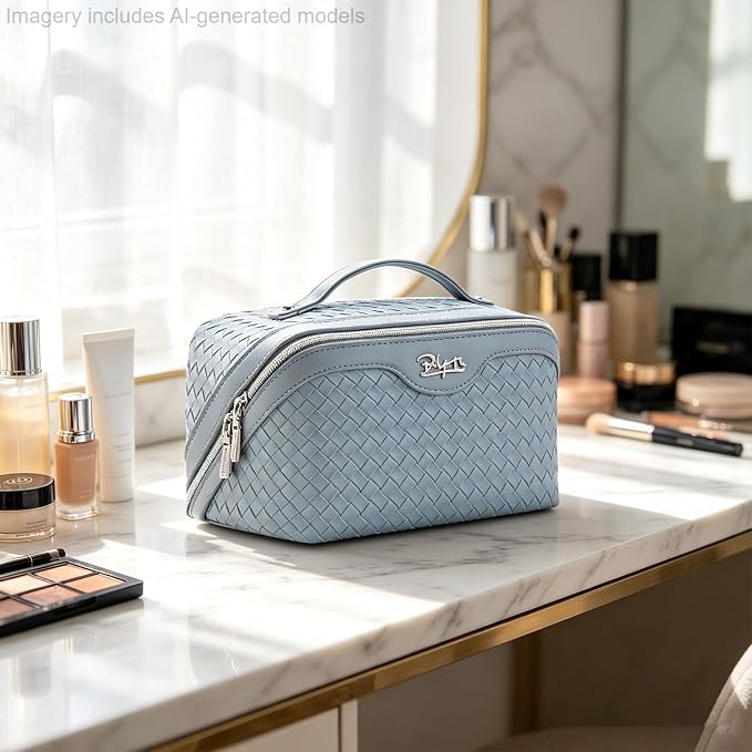 BOYATU Travel Makeup Bag Cosmetic Bags for Women: Large Capacity 3 Pcs Set Make up Bag with Compartments - Waterproof Vegan Leather Toiletry Organizer Bags with Handle (L04 Light Blue) - Image 9