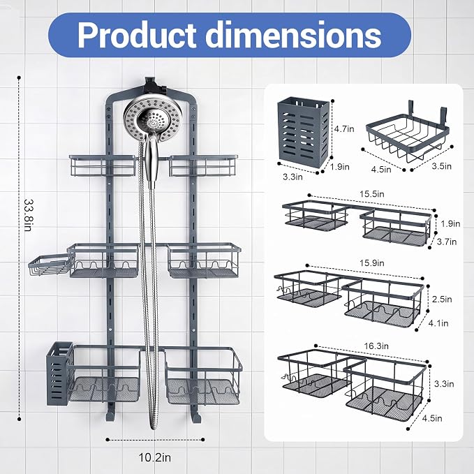 Extra Large Shower Caddy Hanging, Rust-Resistant Shower Organizer Hanging,3 Tier Height-Adjustable Over the Head Caddy,Rack with Soap Basket (Gray) - Image 7
