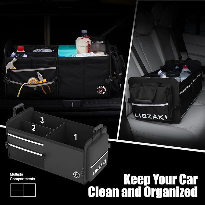 LIBZAKI Car Trunk Storage Organizer, Multi Compartment Collapsible Trunk Storage Box for Car Truck SUV-Black - Image 7