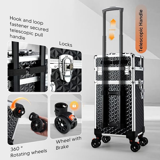 Professional Rolling Makeup Case, 3 in 1 Makeup Train Case, Cosmetology Case on Wheels, Large Makeup Trolley Salon Barber Traveling Trunk Suitcase for Makeup School Nail Tech Hairstylist MUA, Black - Image 7