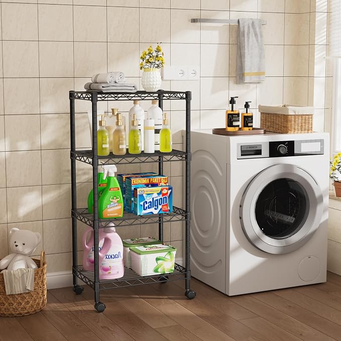 Golpart Small 4 Tier Shelves Storage Wire Shelving Unit Metal Shelf Adjustable Organizers Storage Shelving with Wheels for Bathroom Laundry Room Kitchen Pantry11.7”D x 17.7”W x 44.8”H Black - Image 9