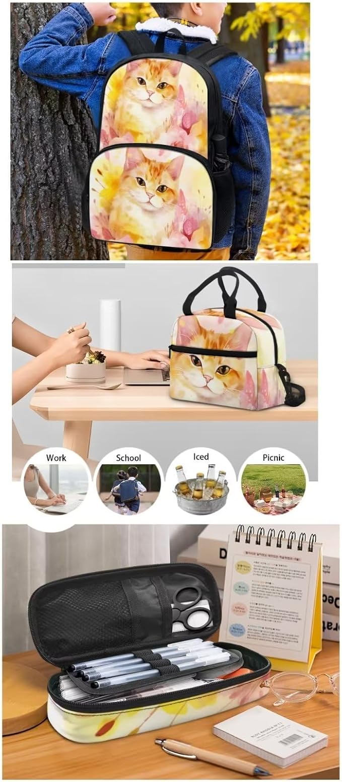 Lovely Floral Cat Backpack with Lunch Box and Pencil Case Girls Comfy Padded Cute School Backpack Set of 3 Bookbag for Student Lightweight Large Capacity Daypack - Image 5