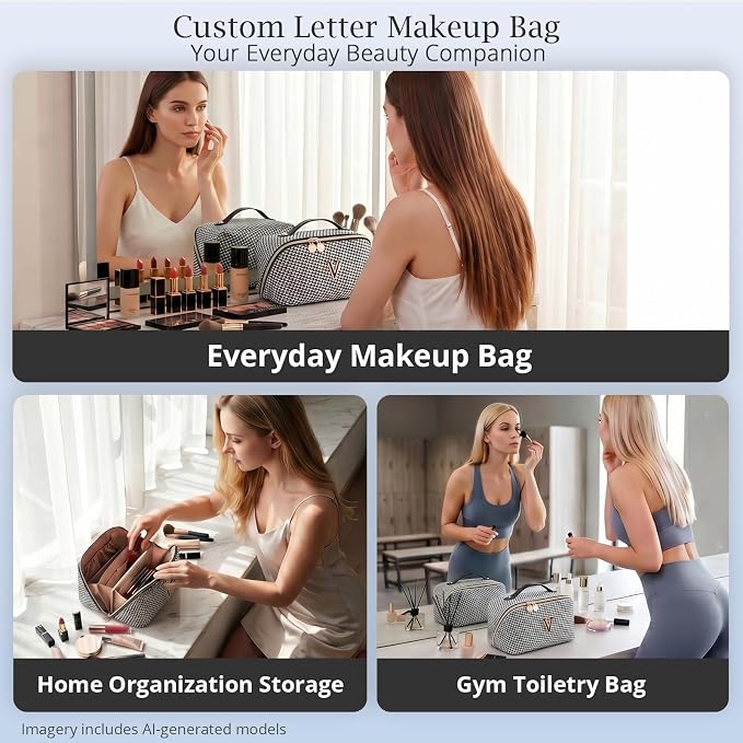 Personalized Gift Travel Makeup Bag: Initial Makeup Organizer Bag for Women | 3-in-1 Custom Make up Bag Set - Vegan Leather Travel Cosmetic Bag - Luxury Gift for Women – Birthday, Anniversary, Graduation - Image 9