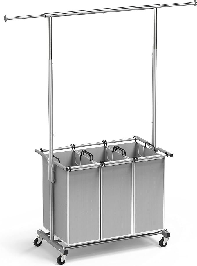 Simple Houseware 3 Bags Laundry Sorter Cart with Hanging Rod, Silver | Extendable Width from 30.6 to 48", Removable 3-Section Laundry Basket - Image 9