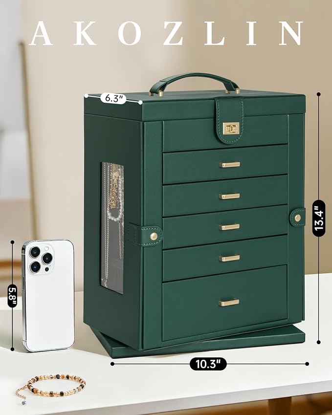 AKOZLIN 6-Tier Jewelry Box Organizer Functional 5 Drawers Leather Jewelry Storage Case for Women Girls Ring Necklace Earring Bracelet Holder Organizer with Mirror XL Green 360° Rotating - Image 8