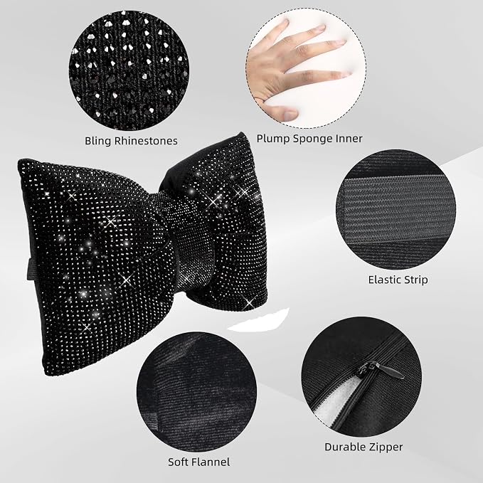 4 PCS Bling Car Pillows,Rhinestones Bowknot Car Headrest Pillow,Black | Car Neck Pillow for Driver Relax Neck Support,Sleeping Travel Support Neck Pillow,Diamond Interior Accessories for Women - Image 6