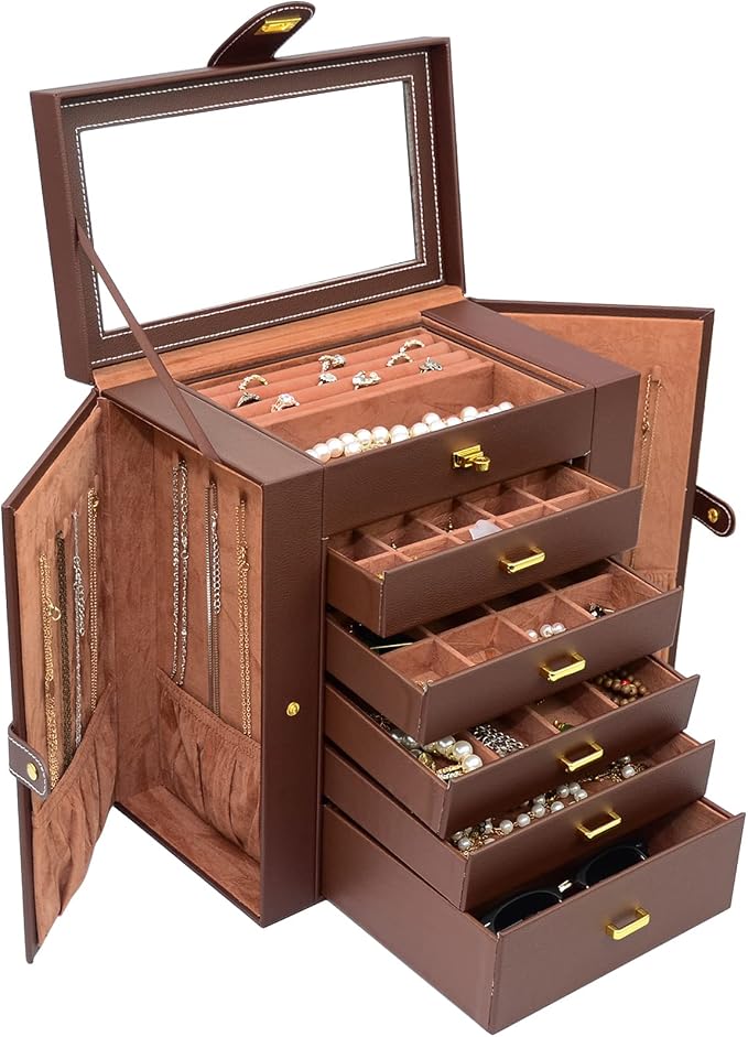 AKOZLIN 6-Tier Jewelry Box Organizer Functional 5 Drawers Leather Jewelry Storage Case for Women Girls Ring Necklace Earring Bracelet Holder Organizer with Mirror Extra Large Brown - Image 9