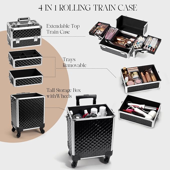 Yueieoun Rolling Makeup Train Case, 4-in-1 Cosmetology Case on Wheels, Nail Tech Cart for Travel, Professional Cosmetic Vanity Case, Suitcase for MUA/Manicure/Tattoo/Style, Lockable Storage Box, Black - Image 8