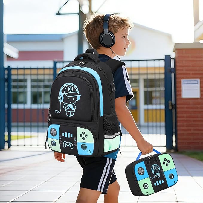Bevalsa Backpack for School Boys, Cool Luminous Gamer Boys Schoolbag with Lunch Box & Pencil Case Set for Kids Teens Elementary Middle School, Bookbag Glow In The Dark(Blue Green Backpack) - Image 8