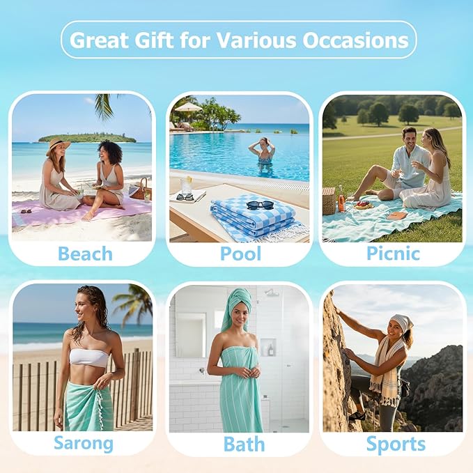 6 Pack Cotton Turkish Beach Towel Lightweight Thin Travel Vacation Essentials Oversized XL Towels Set for Pool Swim Bath Camping Cruise Accessories Absorbent Quick Dry Sand Free Bulk clearance Blanket
