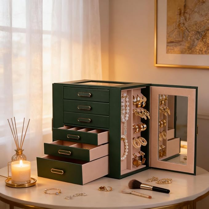 BOOVO Clear Lid Jewelry Box,3 Layers Jewelry Organizer Large Jewelry Storage Box with 2 Drawers,Jewelry Holder Organzier of Rings Earrings Necklace Bracelets for Women (Green, 6 Layer) - Image 6