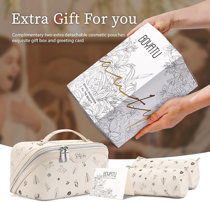 BOYATU Travel Makeup Bag Cosmetic Bags for Women: 3 Pcs Set Portable Make up Bag with Handle - PU Leather Toiletry Bags with Compartments - Makeup Organizer for Travel Essentials(L-4-White) - Image 6