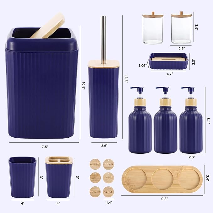 XLHOMO Navy Blue Bathroom Accessories Set 17PCS Bathroom Set with Trash Can 3PCS Lotion Soap Dispenser, Toothbrush Holder,6PCS Wood Tags Bath Accessories with Tray for Kitchen Bathroom - Image 6
