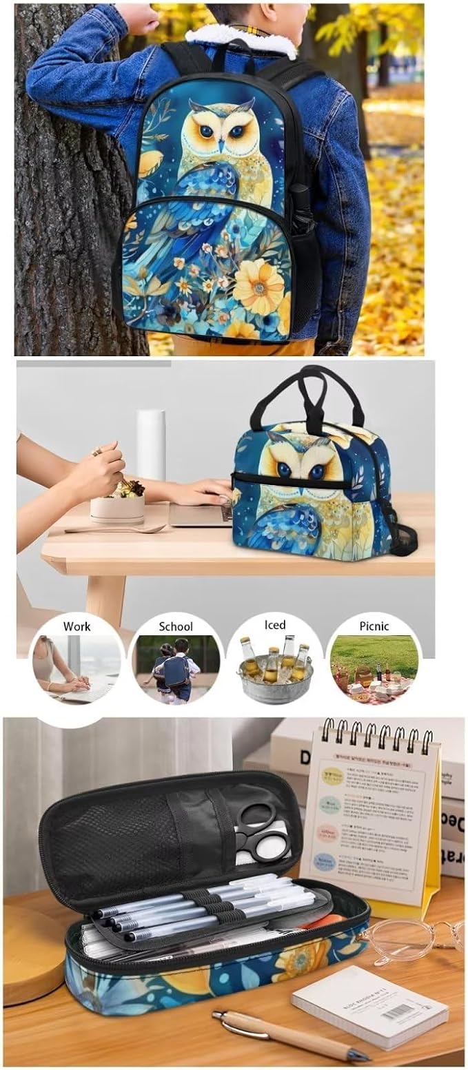 Blue Floral Owl Backpack with Lunch Box and Pencil Case Girls Comfy Padded Cute School Backpack Set of 3 Bookbag for Student Lightweight Large Capacity Daypack - Image 5