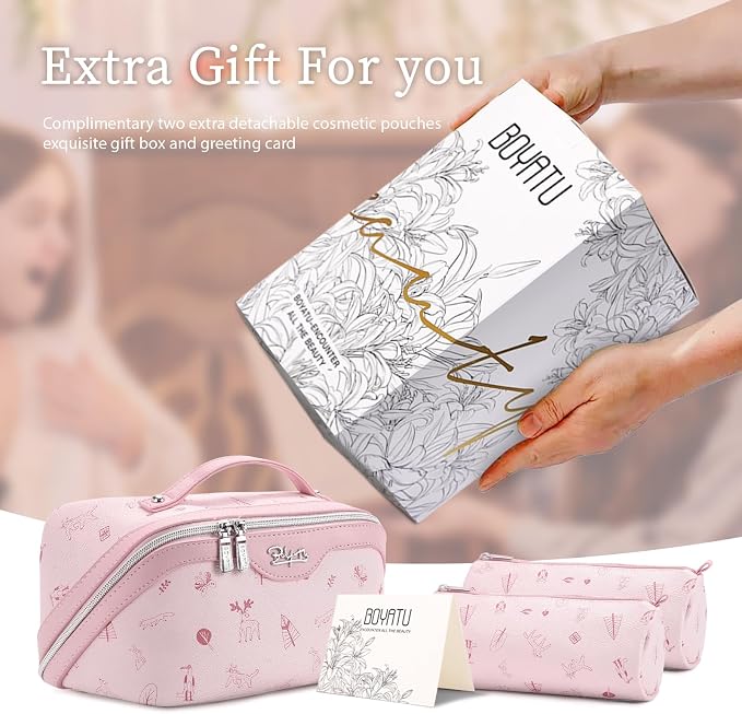BOYATU Travel Makeup Bag Cosmetic Bags for Women: 3 Pcs Set Portable Make up Bag with Handle - PU Leather Toiletry Bags with Compartments - Makeup Organizer for Travel Essentials(L-5-Pink) - Image 6
