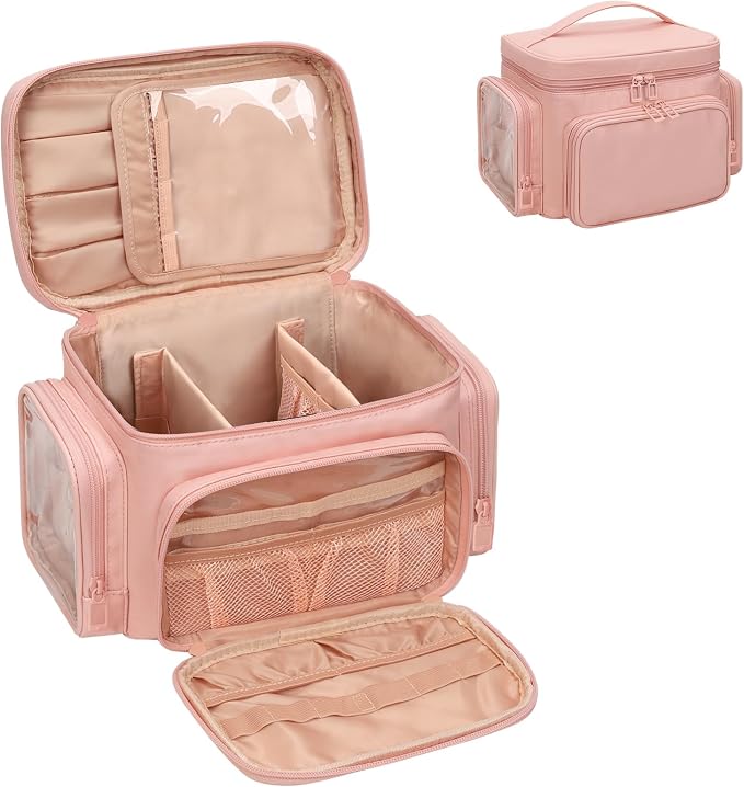 Bagmoly Large Makeup Bag, Portable Travel Makeup Bag Organizer for Women Girls with Makeup Brush Compartment & Two Side Pockets, Cosmetic Travel Bag Vertical Storage Toiletry - Pink - Image 9