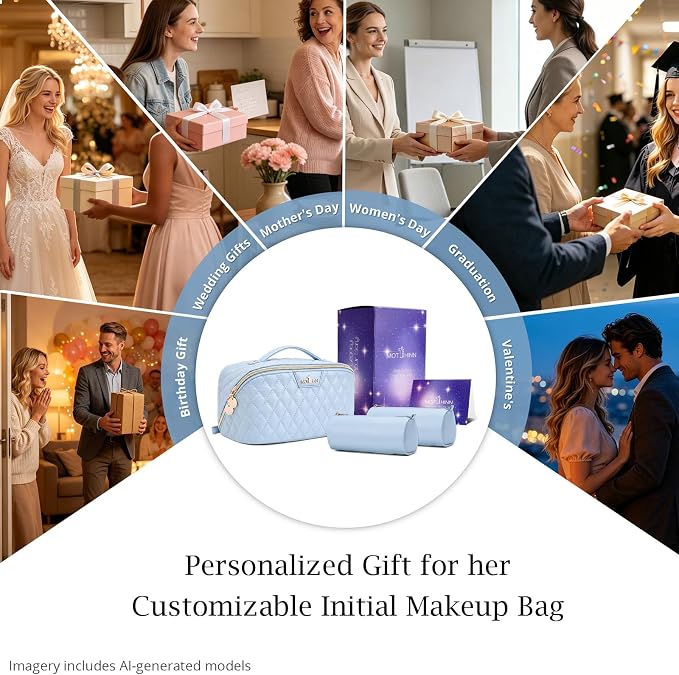 Travel Makeup Bags Cosmetic Organizer: 3Pcs Set Puffy Make up Bag for Women | Blue Premium Quilted ELEGANCE Design | Large Capacity Leather Toiletry Bags | Wide Open Compact Case for Travel Essentials - Image 8