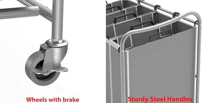 Simple Houseware 4-Bag Heavy Duty Laundry Sorter Rolling Cart, Silver | Removable Bags and Lockable Wheels for Laundry Room Organization - Image 7