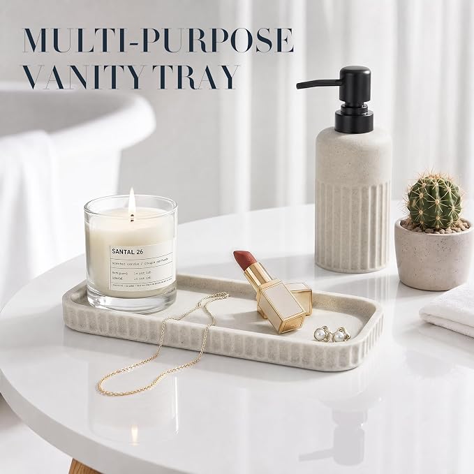 INIUNIK Bathroom Accessory Set, 6 Pieces, Beige | Resin, Bathroom Accessories Set, with Soap Dispenser Set, Toothbrush Holders, Tumbler, Vanity Tray & 2 Qtip Holder - Image 8
