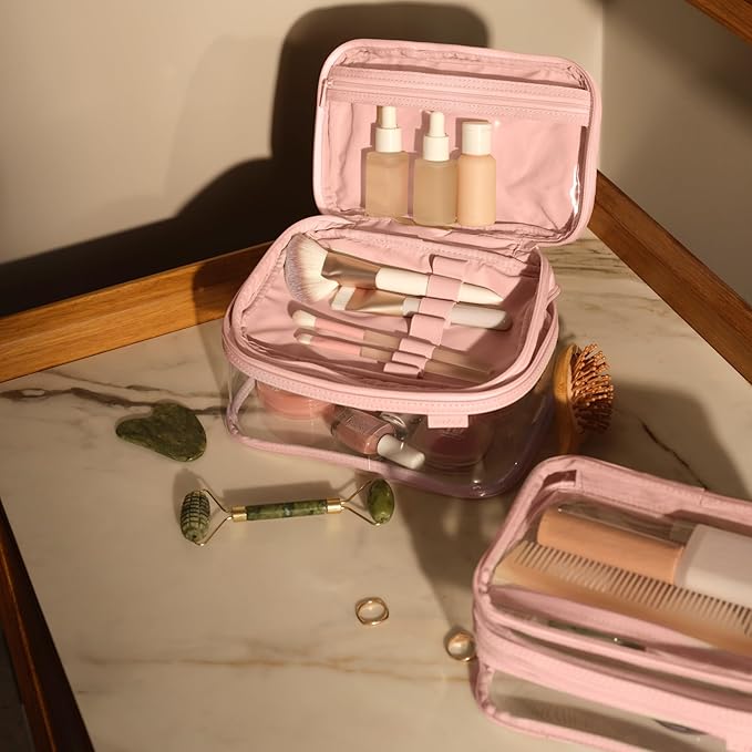 Away Clear Cosmetic Case - Water-Repellent Transparent Cosmetic Bag with 2 Compartments, Brush Holder, Interior Zip Pocket - Blush Pink - Image 7