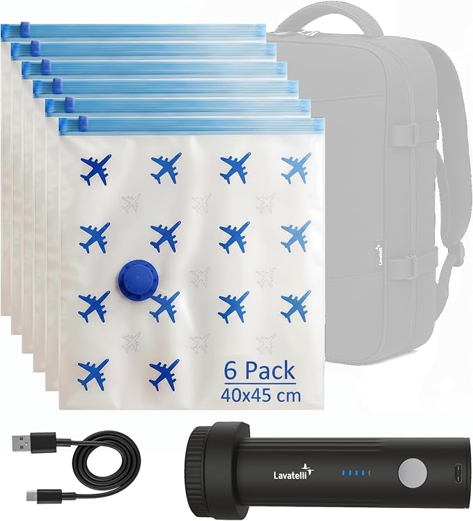 Lavatelli Travel Vacuum Set, Pump + 6 Bags 40x45 for Cabin Backpack | 1 USB-C pump + 6 bags 40x45 cm for under-seat cabin backpacks (40x30x20); day trips, weekends & hand-luggage-only flights by Lavatelli