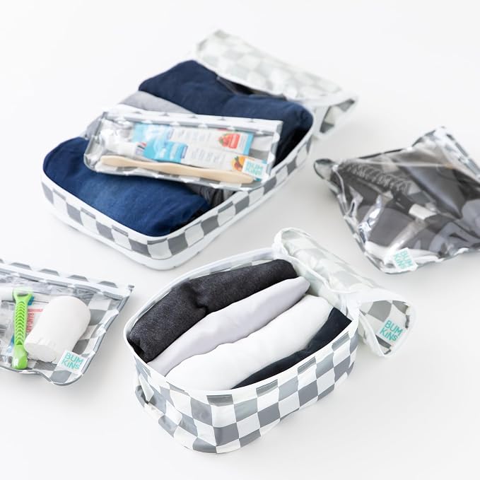 Bumkins Packing Cubes and TSA Approved Pouches for Travel Bag, Organize Luggage with Compression Bag, Essential Traveling Accessories to Pack Clothes, Toiletries Carry On Suitcase, 5-pc Gray Check - Image 8