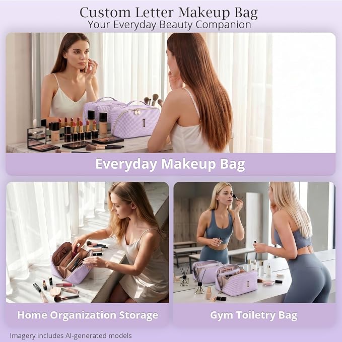Personalized Gift Travel Makeup Bag: Initial Makeup Organizer Bag for Women | 3-in-1 Custom Make up Bag Set - Vegan Leather Travel Cosmetic Bag - Luxury Gift for Women – Birthday, Anniversary, Graduation - Image 9