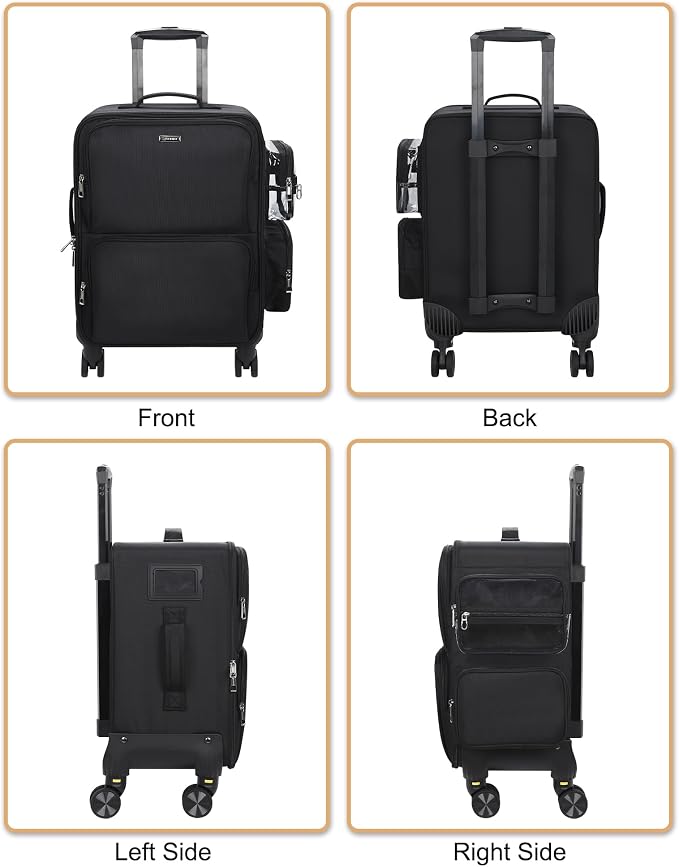 Relavel Rolling Makeup Case, Extra Large Makeup Train Case Cosmetology Case on Wheels Professional Makeup Artist Bag Cosmetic Brush Organizer Box with 4 Clear Set Bags, 360° Spinner Wheels, Black - Image 9
