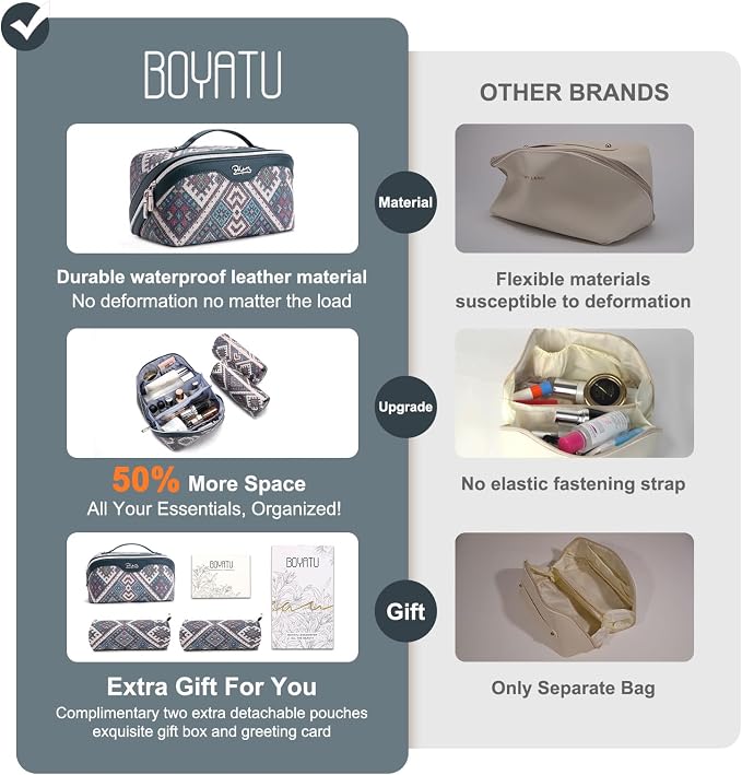 BOYATU Travel Makeup Bag Organizer: Boho Large Capacity Cosmetic Bag Sets | 3Pcs Waterproof Leather Toiletry Bags | 180°Open Flat Make up Case with Compartments | Western Travel Essentials for Women - Image 7