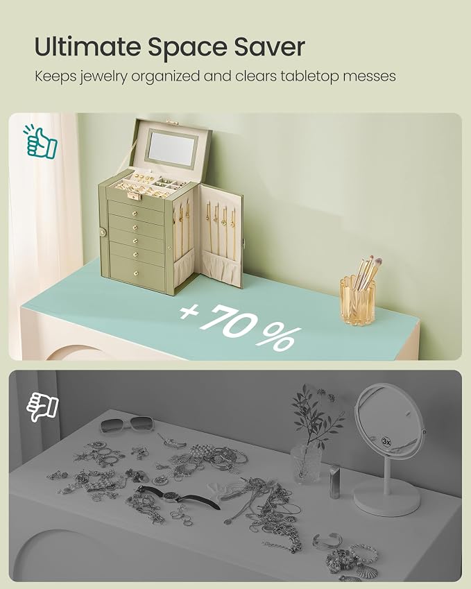 SONGMICS Jewelry Box Organizer, 6-Layer with 5 Drawers, Sage Green | Jewelry Storage Case with Lock and Mirror, Large Storage Capacity, for Necklaces, Watches, Gift for Loved Ones UJBC152CE01S - Image 7