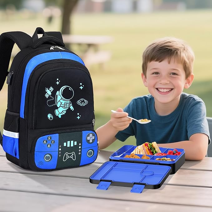 Bevalsa Backpack for Boys with 43OZ Bento Lunch Box,Insulated Lunch Bag & Pencial Case,Cool Luminous Gamer Schoolbag for Kids Teens Elementary Middle School,Bookbag Glow In The Dark - Image 9
