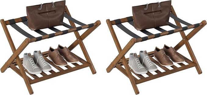 Smuxee Fully Assembled Black Walnut Luggage Racks Pack of 2, Upgraded Bamboo Foldable Suitcase Stand with 5 Nylon Straps, Luggage Holder with Shelf for Guest Room Bedroom Hotel - Image 8