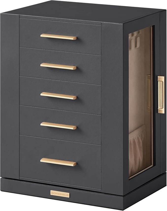 SONGMICS GISELLA Collection - Jewelry Box Organizer 360° Rotating, Vertical Jewelry Storage Case with 5 Drawers, Glass Window, Spacious, Open Design, Great Gift, Slate Gray UJBC170G01 - Image 7