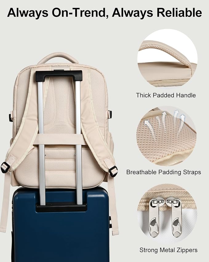 Travel Backpack for Women & Men, Carry On Personal Item Bag Flight Approved, Large Waterproof Laptop Backpack for Travel, Overnight, College & Commuting Beige-White - Image 9